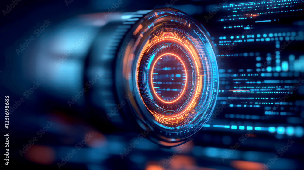 Poster futuristic lens design with glowing patterns and digital effects.