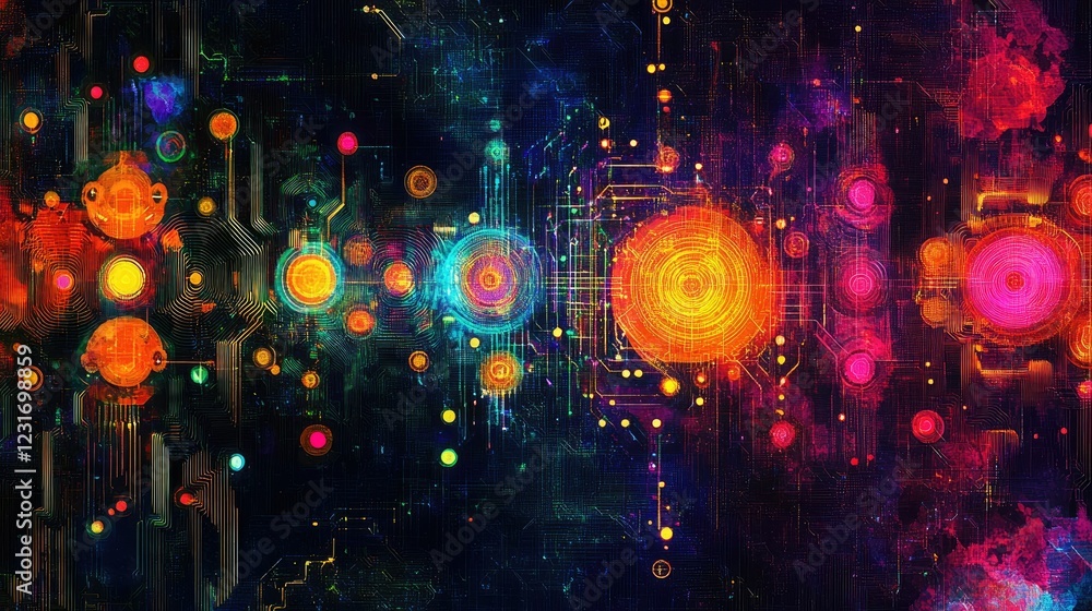 Poster modern ai-inspired abstract digital patterns with glowing circuits and vivid colors