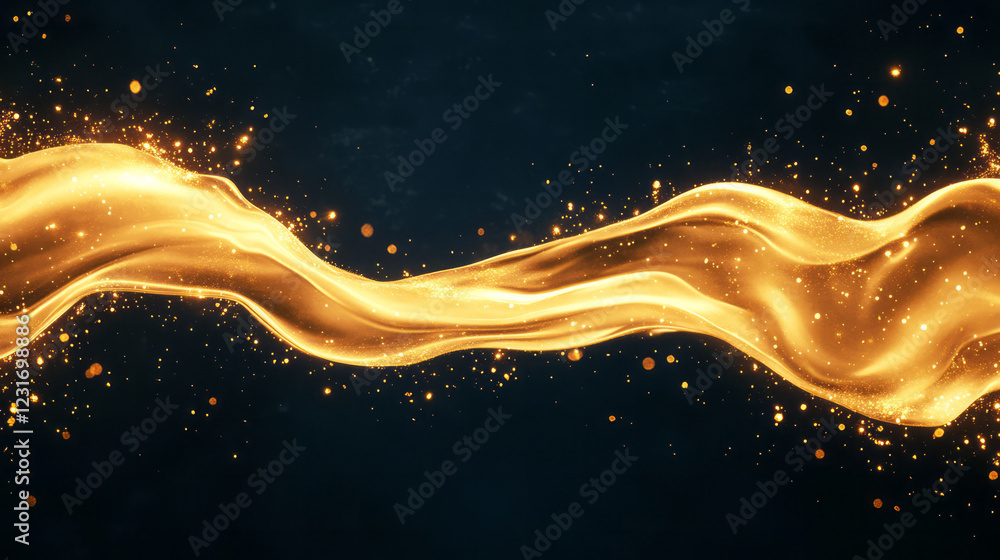 Poster A minimalist photograph of light reflections and gleaming golden particles scattered across a rich blue background, evoking a glamorous atmosphere,
