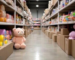 A cozy warehouse aisle filled with colorful toys and plush items, featuring a pink teddy bear sitting beside neatly stacked cardboard boxes.