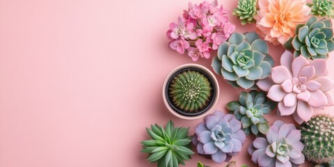 Succulent plants arrangement on pastel colored background. Potted succulent house plants. Flat lay, top view, copy space