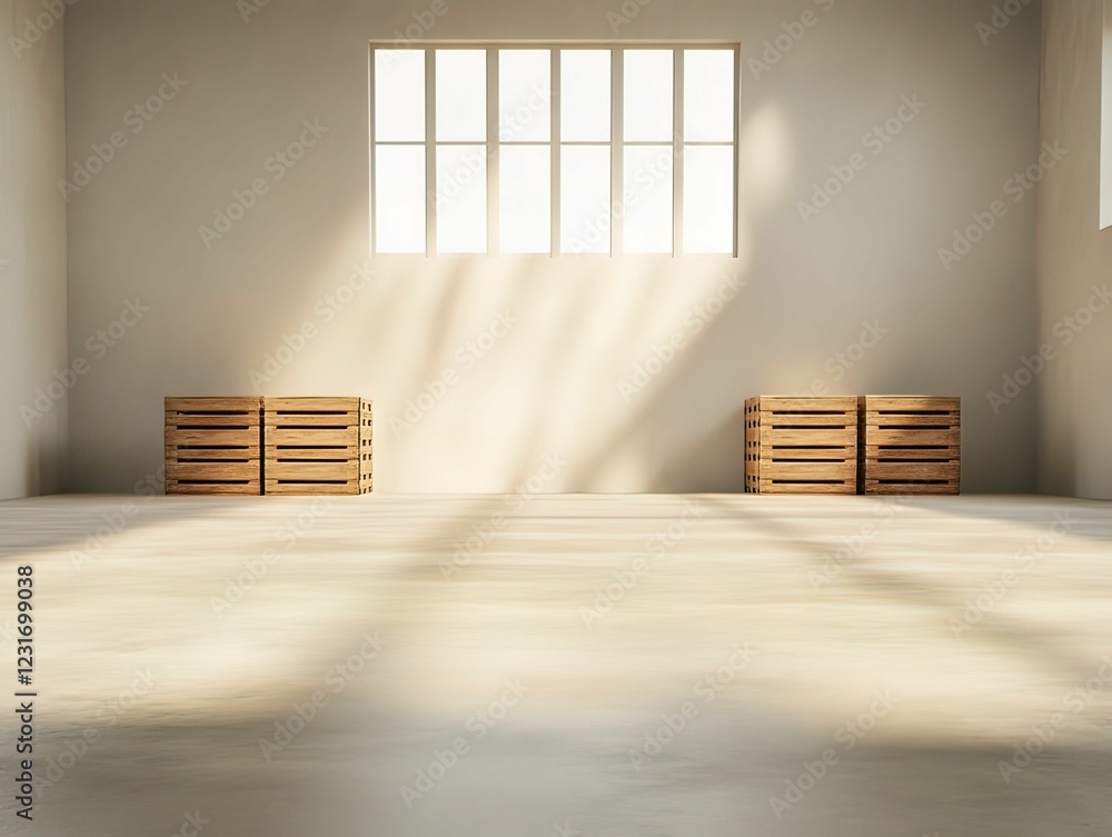 Poster a minimalist interior featuring wooden crates and sunlight streaming through large windows, creating