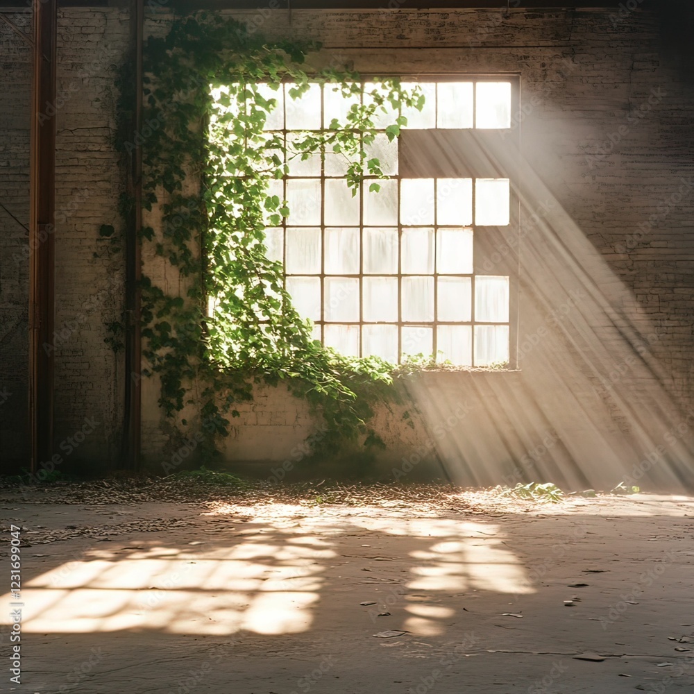 Poster sunlight streams through a dusty window, illuminating an abandoned space with creeping vines, creati