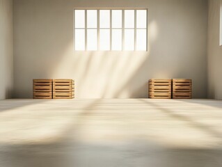 Fototapeta premium A minimalist interior featuring wooden crates and sunlight streaming through large windows, creating a serene atmosphere.