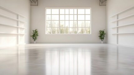 Fototapeta premium A bright, minimalist room featuring large windows, white walls, and wooden shelves, complemented by indoor plants for a refreshing touch.