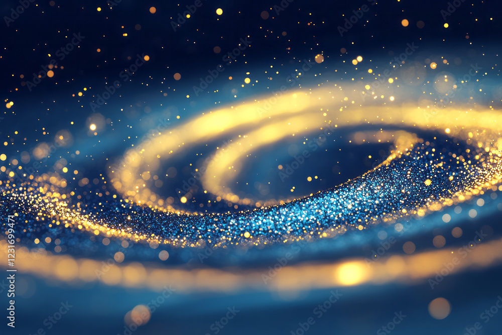 Poster a radiant abstract illustration with shimmering gold sparkles drifting across a sapphire-blue canvas