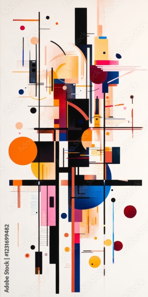 Poster colorful abstract geometric artwork featuring dynamic shapes and lines on a white background, creati