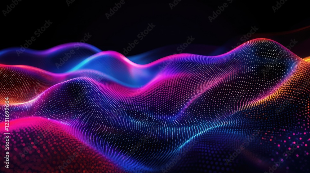 Poster neon-inspired digital design with multicolor data streams flowing across a virtual grid