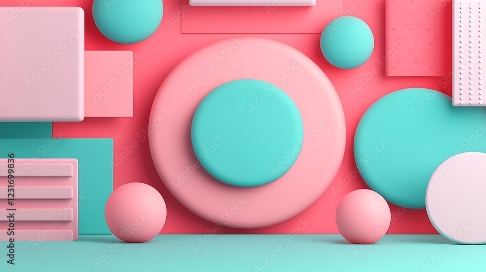 Poster Colorful Geometric Shapes in Soft Pink and Aqua on a Minimalistic Background for Modern Design Projects