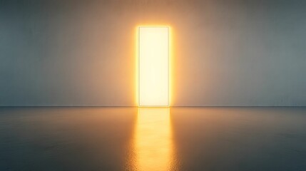 Glowing neon doorway minimalist warehouse digital reflective environment straight-on view conceptual illumination