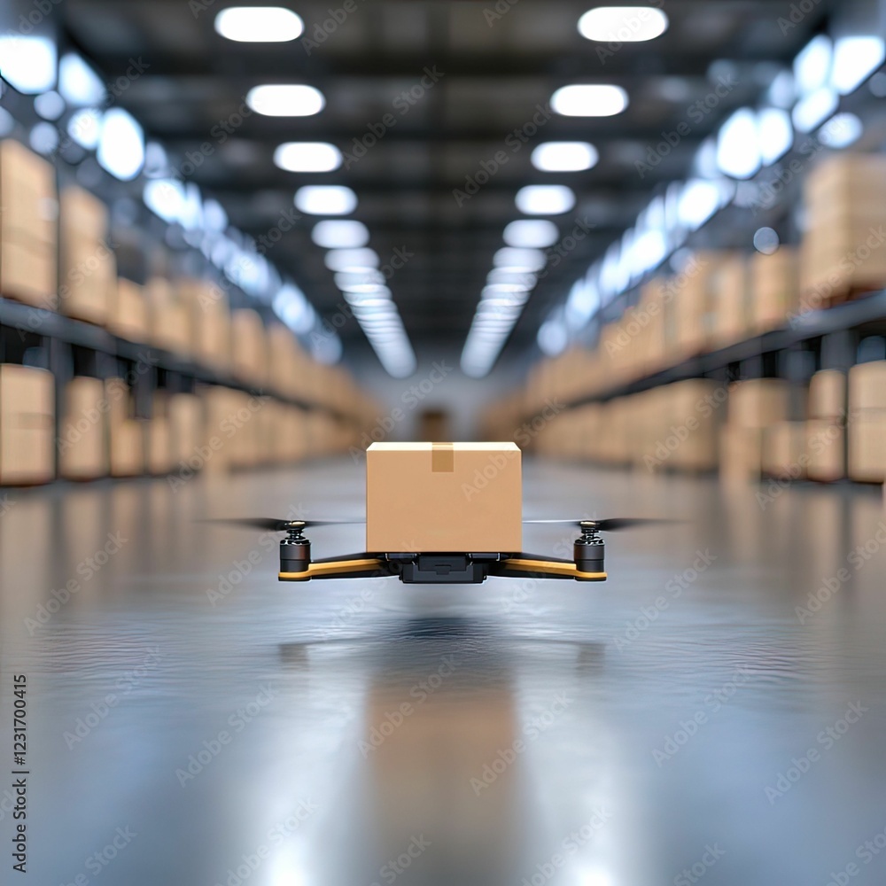 Poster drones delivering packages futuristic warehouse digital rendering high-tech environment ground-level