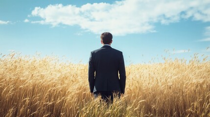 Businessman in wheat field landscape. Perfect for leadership vision and career direction content.
