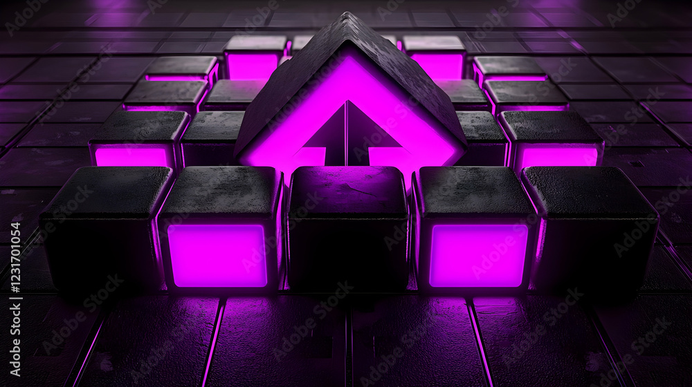 Poster glowing arrow in dark cube matrix