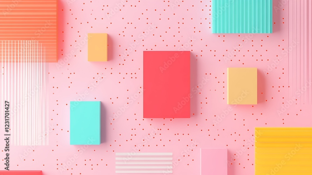 Poster colorful geometric shapes on a pink background with fun patterns and textures for modern design proj