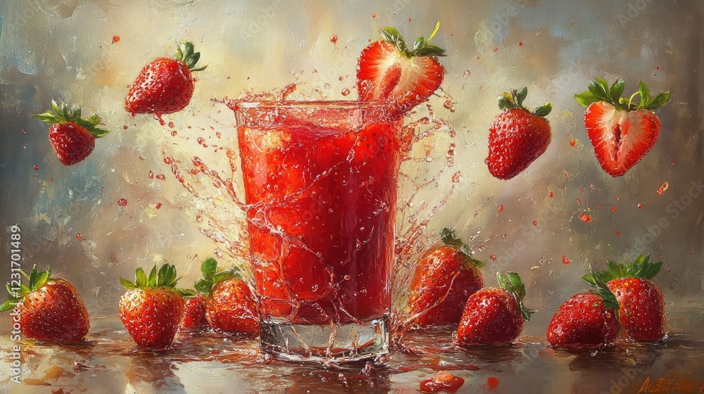 Poster refreshing red juice splash with glistening strawberries creating a mouthwatering effect