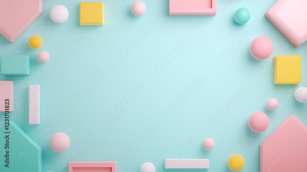 Poster Colorful Geometric Shapes on a Soft Blue Background with Soft Shadows and Negative Space for Design Projects