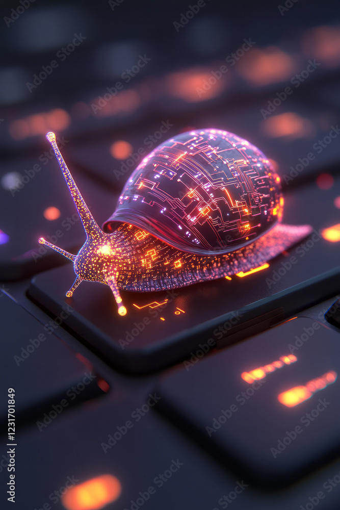 Poster a stylized close-up shot of a snail with a futuristic, glowing circuit-patterned shell, leisurely ma