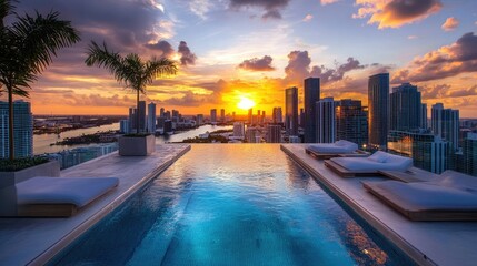 Obraz premium Rooftop swimming pool with panoramic city skyline views at sunset, surrounded by modern decor