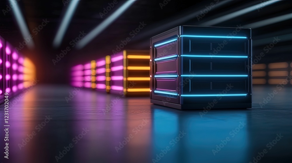 Poster neon minimalist floating storage racks display futuristic environment digital abstract viewpoint mod