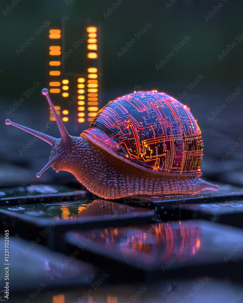 Poster a creative digital artwork of a snail perched on a keyboard key, its shell resembling a tiny circuit