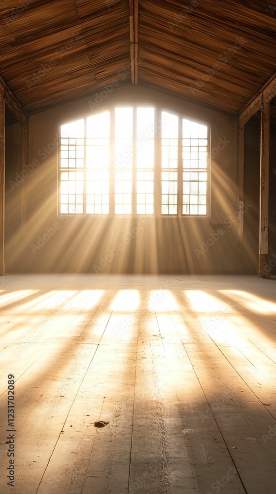 Aufkleber sunlight streams through large windows, casting warm rays and shadows on a wooden floor in an intima