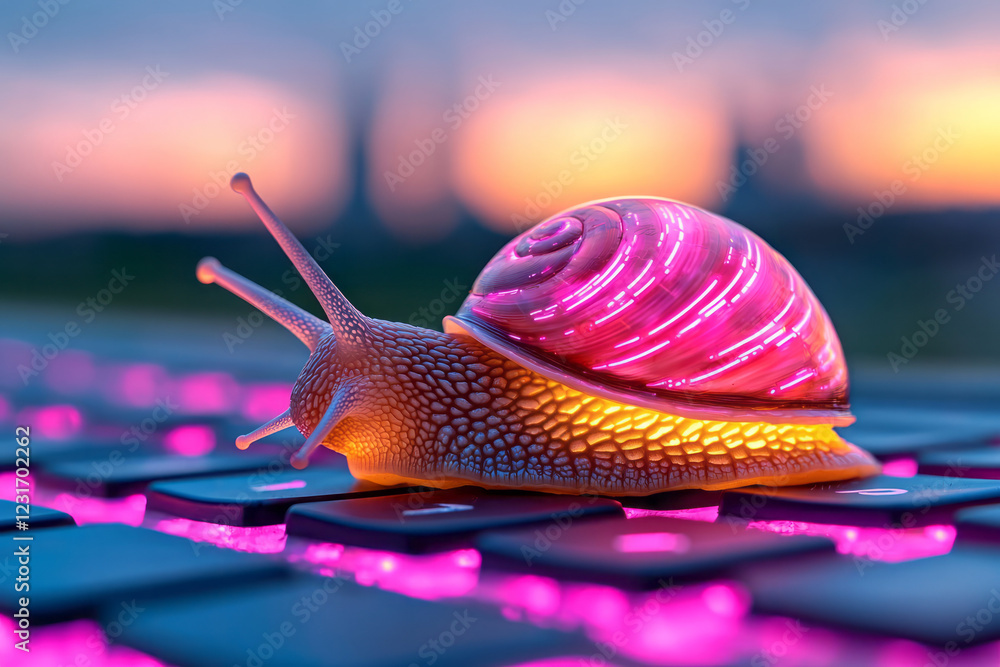 Poster a dynamic macro photograph capturing the snailâ€™s glossy, technology-inspired shell under neon pink