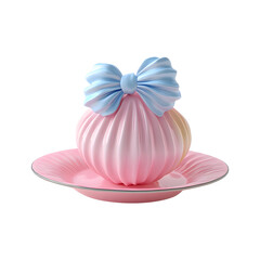 Fluffy 3D Cartoon Candy in Pink and Blue Teacup with Bow Isolated on Transparent Background