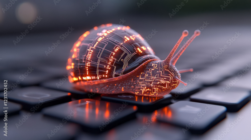 Poster a high-resolution close-up of the snailâ€™s shell etched with digital circuit lines, each glowing so