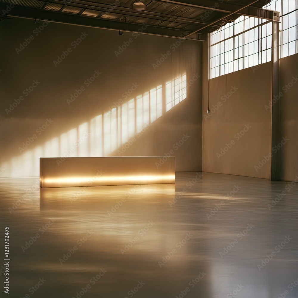 Poster a minimalist interior featuring a long, illuminated surface, with soft light streaming through large