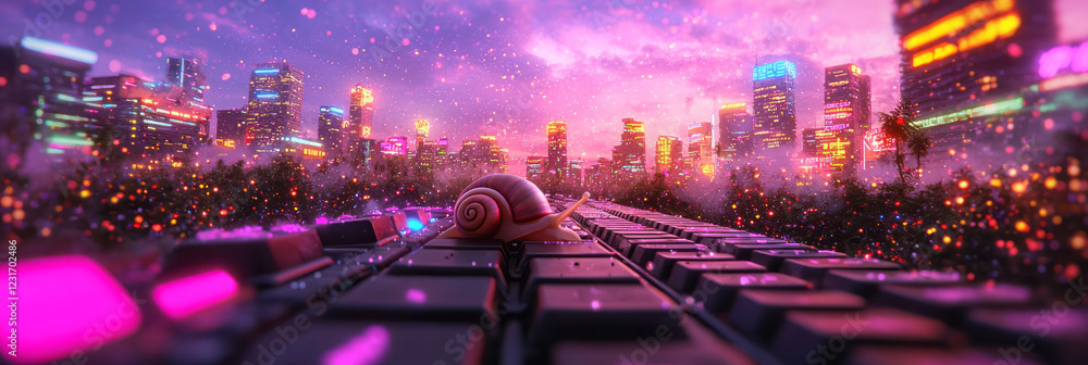 Poster a surreal perspective of a snailâ€™s path across a futuristic keyboard, trailing faint neon sparkles