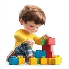 Young child playing with colorful building blocks, isolated on a clean white background