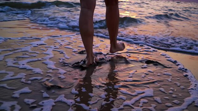 Video captures serene beach walk at sunset, focusing on feet and reflections in wet sand. Tranquil and immersive, low-angle camera shot.