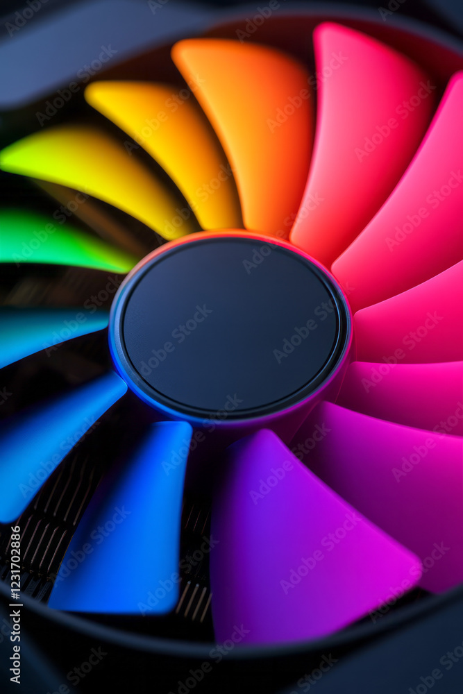 Aufkleber a dynamic close-up capturing the illuminated fan blades of a gaming graphics card, each color transi