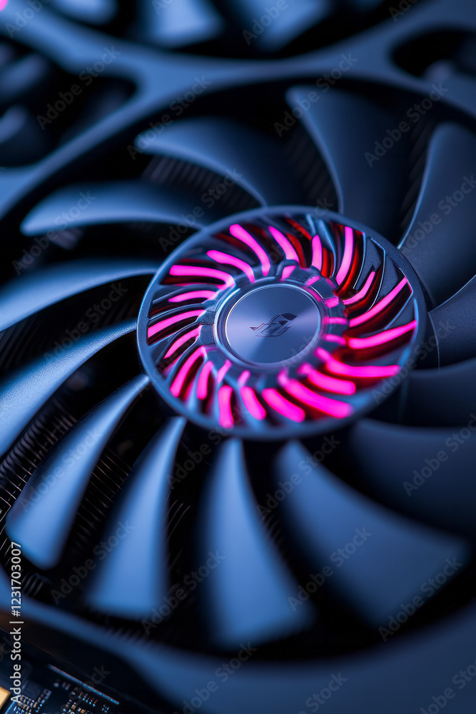Aufkleber a dynamic close-up capturing the illuminated fan blades of a gaming graphics card, each color transi