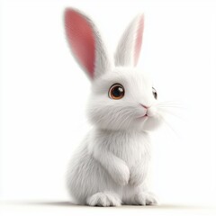 Fototapeta premium White fluffy rabbit with big ears, placed on a bright white background