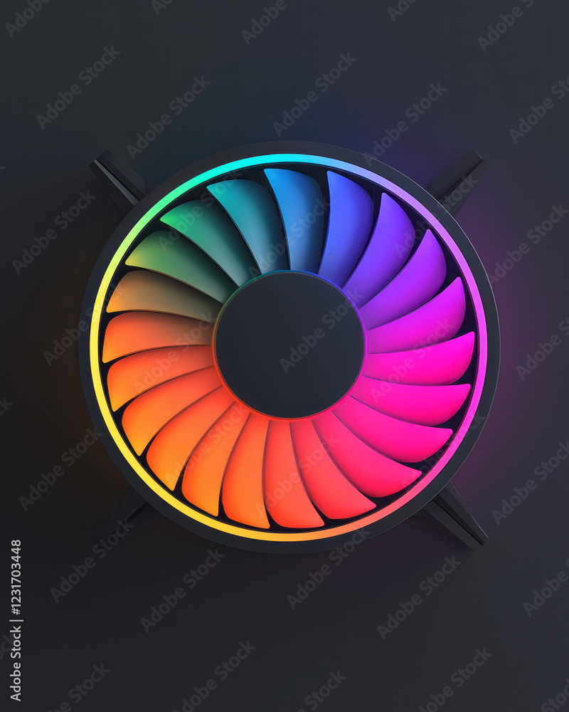 Poster a minimalist composition where the gpuâ€™s main fan is in sharp focus, the rgb leds producing a halo