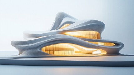 Futuristic white building architectural model illuminated, studio