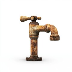 n industrial water tap with a rusty metal texture, placed on a bright white background