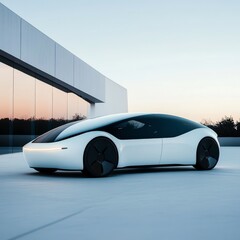 Obraz premium A sleek, modern car is parked in front of a large, white building. The car is parked on a white surface, which gives it a clean and polished appearance