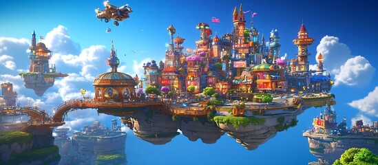 Obraz premium Skybound City Floating Isle, Airship, Game Background
