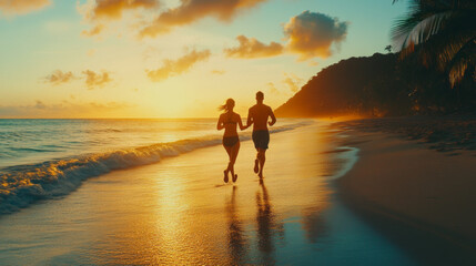 Fototapeta premium Couple Running on Beach at Sunset