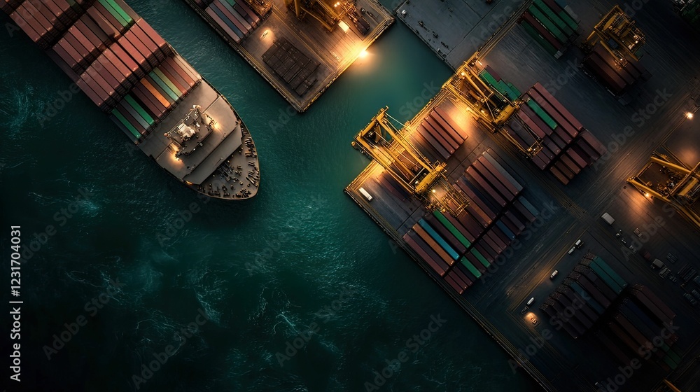 Poster aerial view of a busy port at night, showcasing containers and a ship illuminated by lights in the w