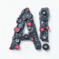 of the Letters AI constructed from robotic arms and mechanical gears, placed on a bright white background
