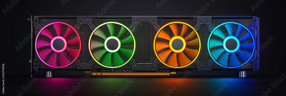 Poster a frontal perspective featuring a gpuâ€™s triple-fan setup, each fanâ€™s rgb pattern harmonizing to 