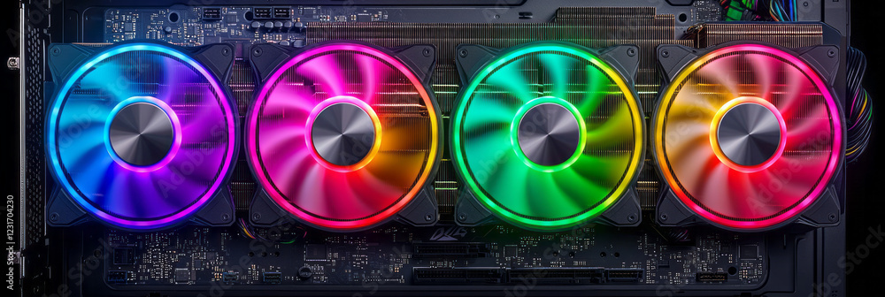 Poster a frontal perspective featuring a gpuâ€™s triple-fan setup, each fanâ€™s rgb pattern harmonizing to 