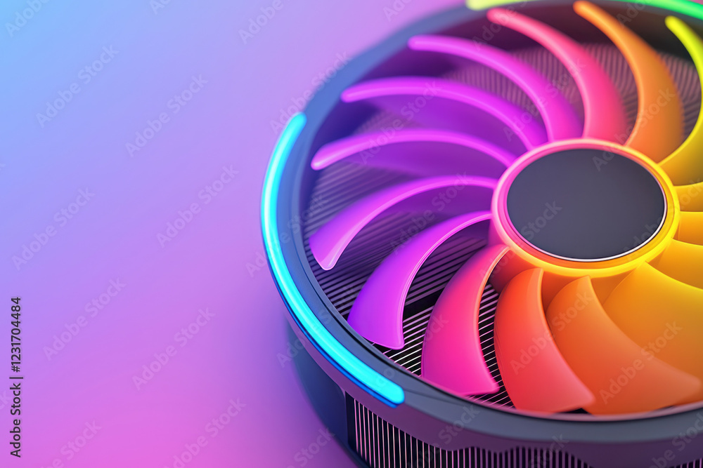 Poster a refined macro depiction of the fan hub with spiral rgb lines, emphasizing the designâ€™s intricate