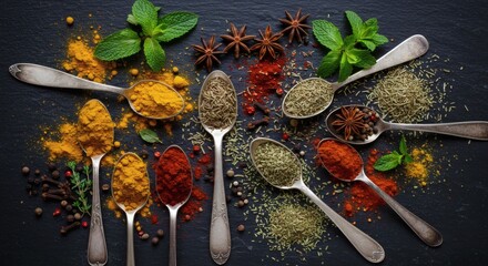 Vibrant Spices and Herbs on Dark Background Spoons