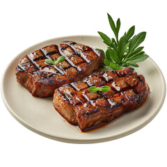 Close up Top view flat lay of Ribeye Steak with charred crust or  Grilled veal meat ribs cutlets with ingredien herbs against a transparent background as a separate object