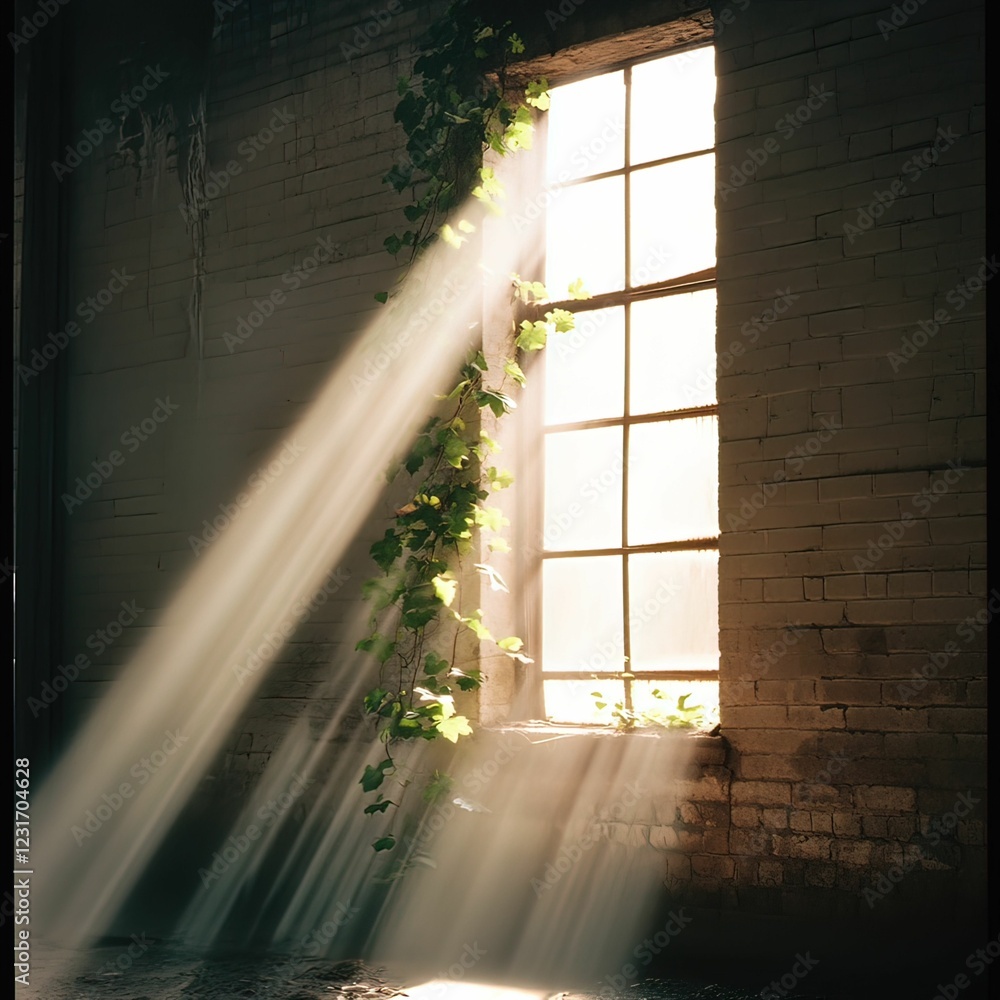 Aufkleber soft rays of sunlight stream through a window, illuminating a dusty room adorned with creeping vines