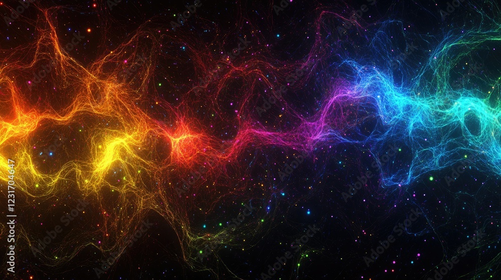 Poster vibrant abstract design of colorful data clusters and network connections on a dark background